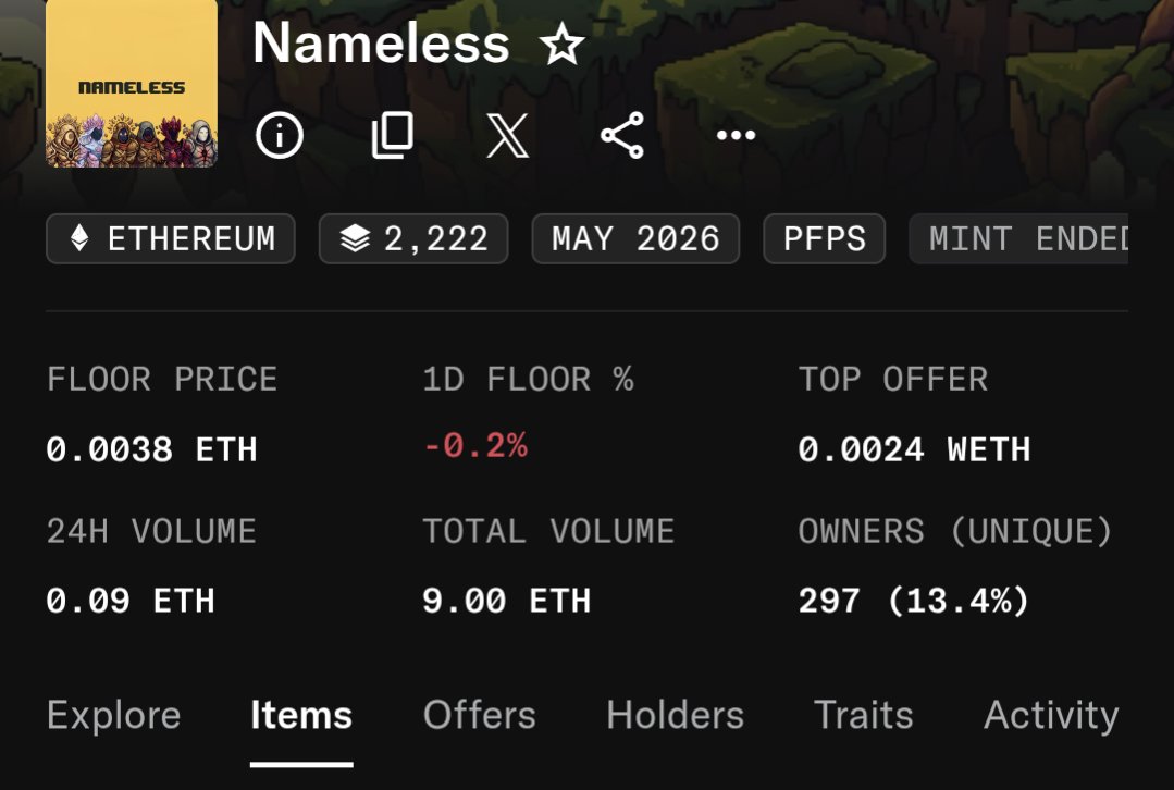 TheHollowGods's tweet photo. GM everyone, 

I'm celebrating today because Nameless has just achieved 9eth volume, this is a huge achievement for me and this project, as a small creator who picked up art after it rugged this is something else

Thank you to every single collector, holder and supporter ♥️ https://t.co/KcUIQIQWFM