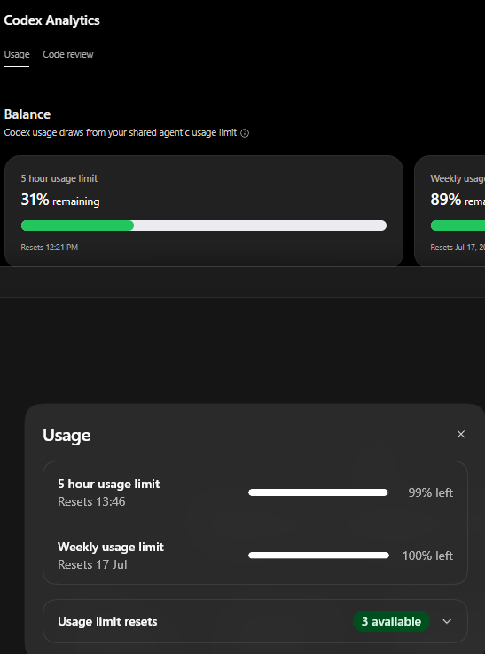 MikiKarkowski's tweet photo. What is going on with usage limits? It does not match among web and desktop app. Is this a bug or a feature? #codex #chatgpt https://t.co/ZabLGJ8IfE