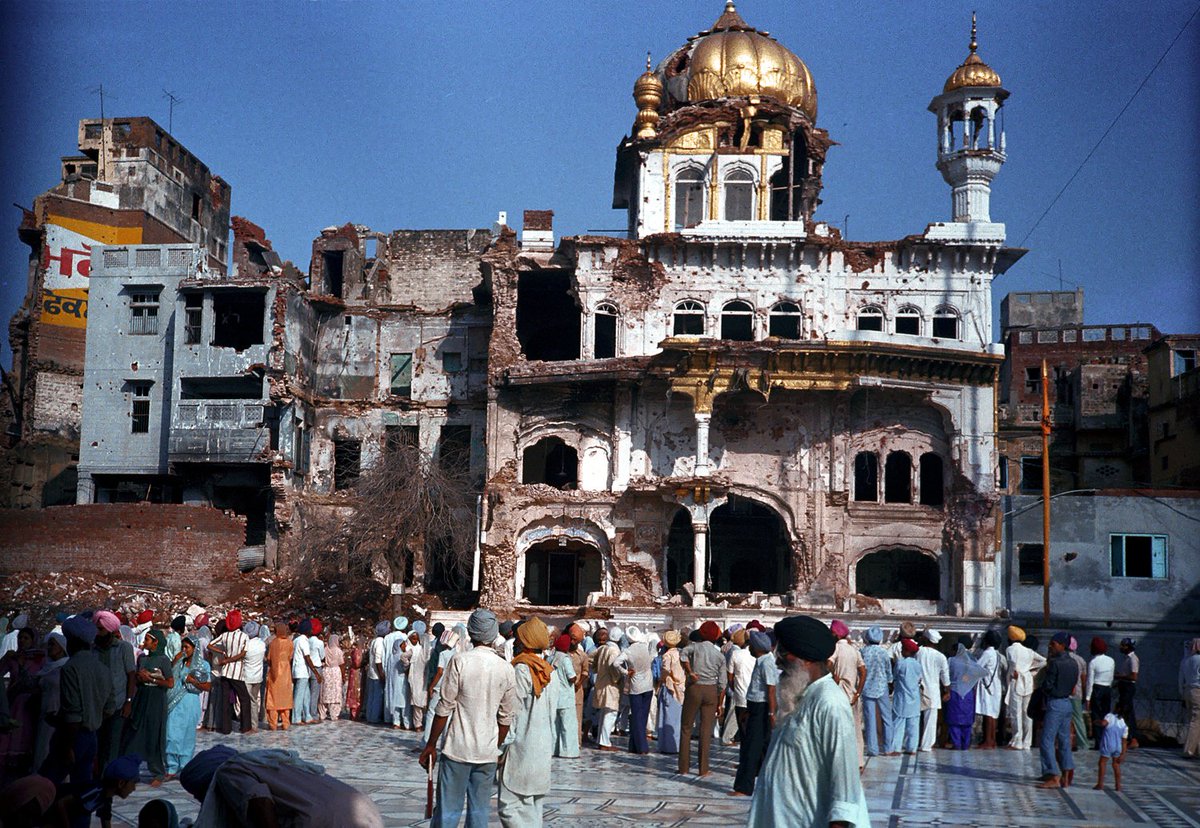 KesariDhwaj's tweet photo. - India desecrated and destroyed the Akal Thakt during Operation Blue Star.
- Be that as it may, why did not 'Sant' Jernail Singh Bhindranwale walk out and give himself up, or choose some other location to make his stand?
- If he really was a true Sikh and the Saint that he's made out to be, why did he allow destruction of Akal Thakt? 
- Or, like the coward that he was, did he use Akal Thakt to save his skin, hoping that the GOI will be reluctant to enter the premises?