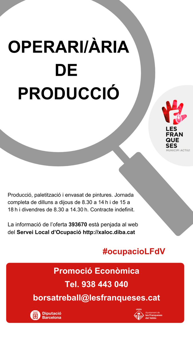 lesfranqueses's tweet photo. #LesFranqueses des d'#ocupacioLFdV ens arriben noves ofertes de feina:
👩‍🔧OPERARI/ÀRIA DE PRODUCCIÓ
👩‍🔧OPERARI/ÀRIA DE MAGATZEM
👩‍🔧XOFER DE RECOLLIDA DE RESIDUS
☎️938 443 040
📩borsatreball@lesfranqueses.cat
📲https://t.co/J1Mo0piEdj https://t.co/FxVFGTrRYJ