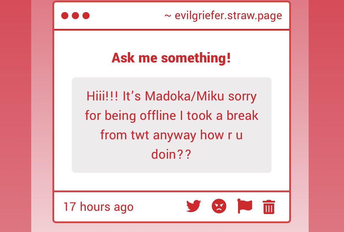 EvilGrieferr's tweet photo. ou shi whats up madoka! dont worry bro, ive been distancing myself from twitter a little bit :p
im good! could be better but yk https://t.co/TLLBFcDBy6