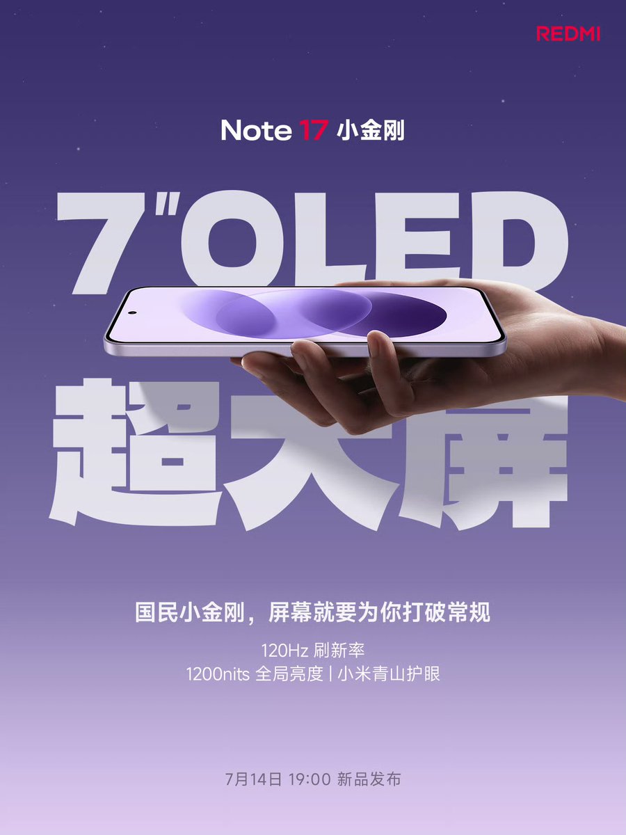 vinishkeshri12's tweet photo. REDMI Note 17 in 💜 Meteor Purple
📱 7" 120Hz LTPS Flat OLED Display, 1200nits HBM
🦾 Snapdragon 6s Gen 4
💾 LPDDR4X + UFS 2.2
📸 50MP main + 8 UW
🤳 16MP
🔋 8000mAh
🔌 45W
⚡ 22.5W Reverse Wired Charging
☔ IP69
#REDMI #REDMINote17 #REDMINote17series
🧵1/2 https://t.co/xG4dFHOeAp