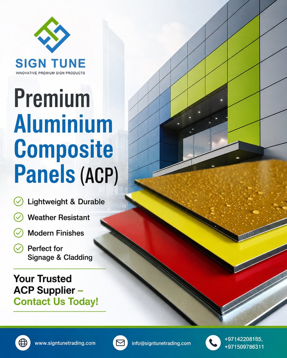 SignTuneTrading's tweet photo. Lightweight, weather-resistant, and available in stunning finishes, Sign Tune delivers quality you can trust.
🌐 https://t.co/BiLsGEXynA
#ACP #AluminiumCompositePanels #ACPSheets #ACPCladding #ACPSheetSuppliers https://t.co/c7NPl4dqur