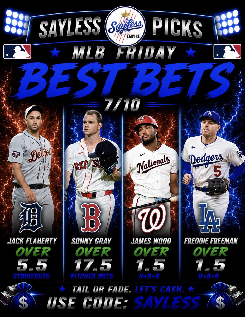 sayy_les's tweet photo. 🎇 MLB Friday Best Bets 7/10

Jack Flaherty Over 5.5 Strikeouts

Sonny Gray Over 17.5 Pitcher Outs

James Wood Over 1.5 H+R+R

Freddie Freeman Over 1.5 H+R+R

❤️ IF YOU’RE TAILING!⬇️
https://t.co/lckaRtEkJp https://t.co/desLH4saj6