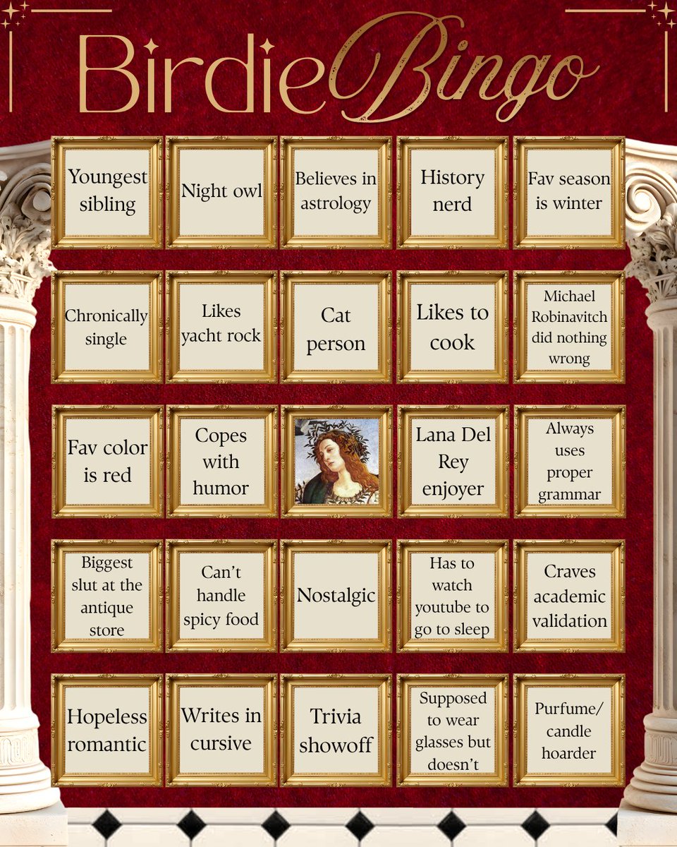 MourningDoveee's tweet photo. ✨ Birdie Bingo ✨

I feel like this is too specific for anybody to get a full bingo, but we'll see 😅 https://t.co/OcMHBCXHi4