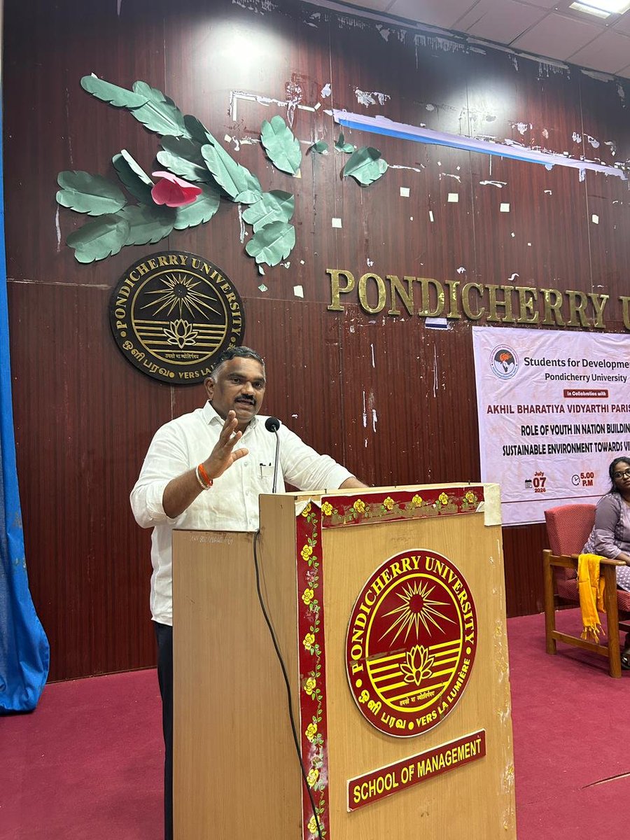 ABVPVoice's tweet photo. On the occasion of National Students' Day, ABVP Pondicherry University, in collaboration with SFD PU, organized an inspiring talk focusing on the pivotal role of youth in shaping a developed and sustainable nation.

We were deeply honored to welcome Shri Balakrishna Ji, National Joint Organising Secretary, ABVP, as the keynote speaker. Addressing the gathering, he emphasized the immense power of Yuva Shakti and called upon the student community to channel their energy toward nation-building, self-reliance, and environmental stewardship.

His insightful words motivated everyone present to actively contribute toward the vision of a Viksit Bharat—one that balances rapid development with a green, sustainable future. Let us carry this inspiration forward and take responsibility for a stronger, self-reliant, and green Bharat!ABVP

#ABVP78