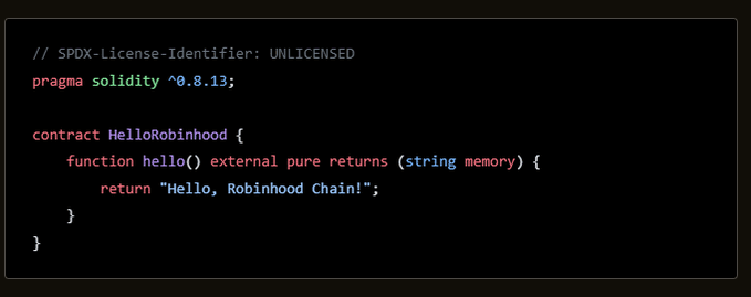 BSCJDW's tweet photo. Ok I think I found a cook In the robinhood docs under the subsection "Deploy a contract" they have an example memecoin with ticker $Hello and name "Hello, Robinhood Chain!" 

everyone can say: hello,robinhood. https://t.co/YtpbQIT0oB