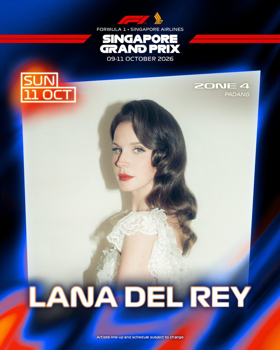 MercedesF1FanID's tweet photo. Selamat siang.

Daftar bintang tamu F1 GP Singapura 2026 (9 s/d 11 Oktober) kembali bertambah:
- THE KILLERS tampil pada Sabtu, 10 Oktober 2026
- LANA DEL REY tampil pada Minggu, 11 Oktober 2026

Looking forward to seeing more names announced, @F1NightRace 😃

#SingaporeGP 🇸🇬 https://t.co/lwd9Wcf1gS