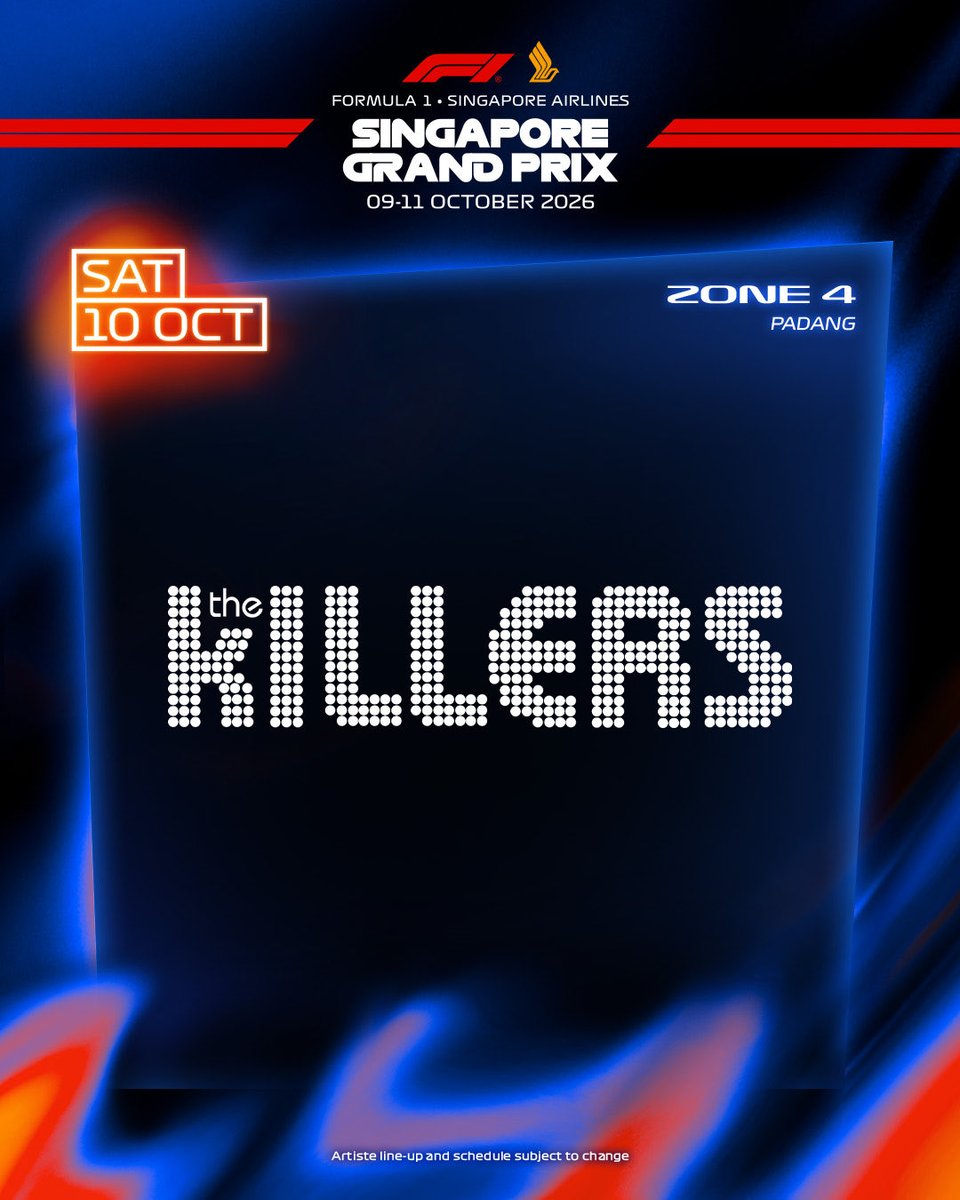 MercedesF1FanID's tweet photo. Selamat siang.

Daftar bintang tamu F1 GP Singapura 2026 (9 s/d 11 Oktober) kembali bertambah:
- THE KILLERS tampil pada Sabtu, 10 Oktober 2026
- LANA DEL REY tampil pada Minggu, 11 Oktober 2026

Looking forward to seeing more names announced, @F1NightRace 😃

#SingaporeGP 🇸🇬 https://t.co/lwd9Wcf1gS