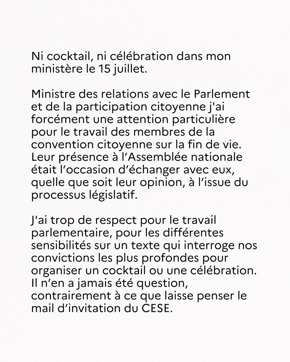 NBouvierOff's tweet photo. @LPanifous,

Hier encore, je vous connaissais à peine comme Ministre Chargé des Relations avec le Parlement.

Pourtant, depuis ces dernières heures, vous aurez réussi l'exploit d'entrer dans l'arène médiatique sur un texte prônant la fin de vie avec, en nec plus ultra, un cocktail programmé dans votre ministère pour "fêter l'adoption du projet de loi".

Je rappelle que je suis un citoyen Français, apartisan, asyndical, au casier judiciaire vierge, non suicidaire.
Je n'appartiens à aucun réseau hermétique donc, de facto, le fait que le Grand Orient de France soit le récipiendaire principal du texte de loi sur l'euthanasie est, à mes yeux, par principe, un scandale et une atteinte directe à ce que vous appelez tous dans votre sérail : "La démocratie".

Il convient également de rappeler que Jean-Louis Touraine, Grand Maître du Grand Orient, pilote de près comme de loin ce projet de loin avec une stratégie de "pied dans la porte" pour que l'euthanasie (que l'on nomme de manière plus "subtile" : "L'aide à mourir") soit élargie au plus grand nombre.

@EmmanuelMacron est allé remercier, le 5 mai 2025, sous les caméras de BFM TV, ses frères et soeurs de loges du GODF, lieu symbolique où sont réellement les "valeurs de la République" avec sa devise "Liberté, Egalité, Fraternité".

M. Le Ministre, votre passage à ce ministère sera éphémère, comme tous vos collègues.
Les Français savent que votre gouvernement (et encore moins le Président) connaissent encore le principe de la démission, car il faut maintenir le système mortifère existant.

A l'instar du covid où, durant les confinements, des dîners clandestins, des petites "sauteries" ministérielles et des soirées dans les clubs échangistes (pendant que les librairies, restaurants et salles de sport étaient fermés), vous êtes dans la lignée d'un système politique qui est inscrit dans le déshonneur, l'indignité et l'indécence.
Ce cocktail en est la preuve.
Reporté, annulé ou pas, le mal est déjà fait.

C'est le système politique qu'il faut euthanasier d'urgence.
Les Français s'en chargeront.

Nicolas BOUVIER
