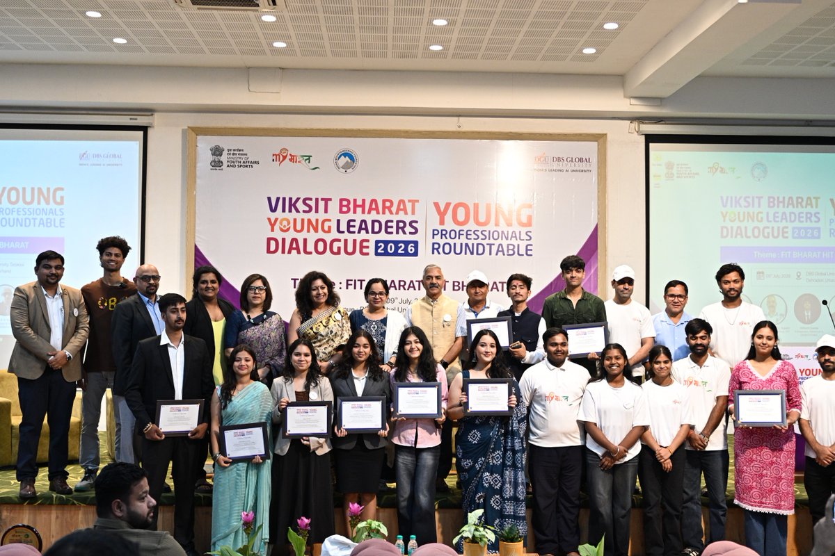 MYBharatHQ's tweet photo. Glimpses from the VBYLD 2026 - Young Professionals Roundtable at DBS Global University, Dehradun, where experts and young professionals came together to discuss the theme "Fit Bharat Hit Bharat" and inspire youth towards a Viksit Bharat.

#MYBharat #YoungProfessionalsRoundtable https://t.co/0uxWrrr1ca