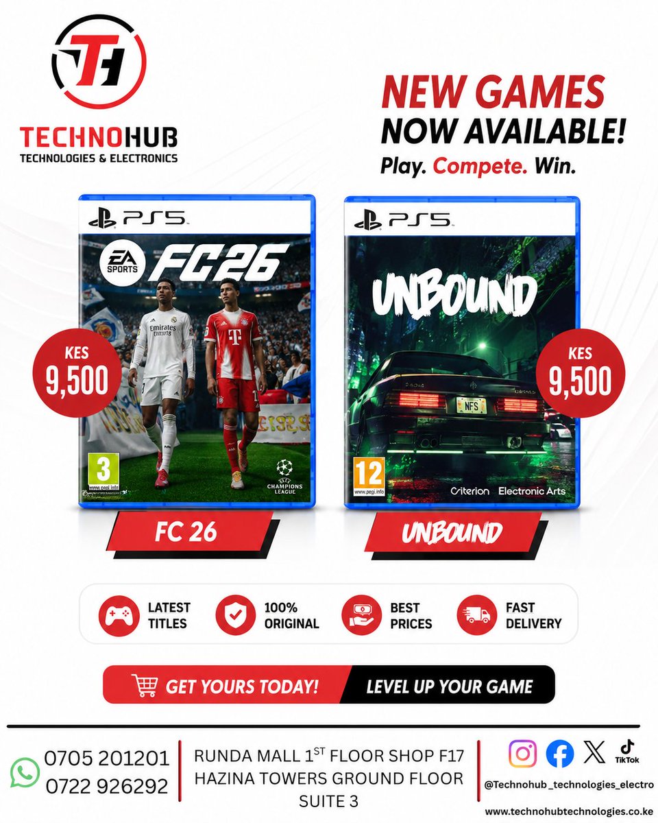 technohubtech's tweet photo. 🎮 Ready to play? Grab EA SPORTS FC 26 and Need for Speed Unbound for only KES 9,500 each at TechnoHub Technologies &amp; Electronics. Don't miss out—level up your gaming today! 🔥🎮

#FC26 #EASportsFC26 #NeedForSpeedUnbound #PS5Games #GamingKenya #Gamers #TechnoHub #NairobiGaming https://t.co/k7taBYuenN