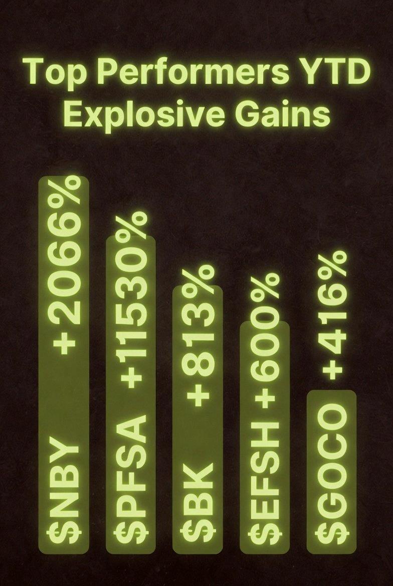 JavysBets's tweet photo. This week's top 5 US stock gainers 🚀🚀🚀
$NBY +2066%
$PFSA +1530%
$BK +813%
$EFSH +600%
$GOCO +416%
Anyone here manage to scoop these up? https://t.co/MrsGK2UrZC
