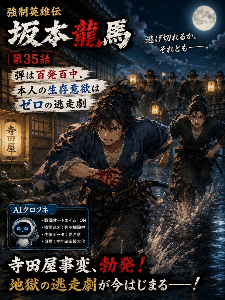 morikawa_works's tweet photo. 【第35話 更新】
寺田屋事変、ついに勃発。
AIのオートエイムで無双する身体と、「もう逃げたい！」と叫ぶ龍馬の心は今日も真逆。
地獄の逃走劇が始まります！🏃‍♂️⚡
#小説家になろう #歴史小説 #坂本龍馬 #幕末 #AI #歴史コメディ #強制英雄伝
 https://t.co/d9hQBOz7iK https://t.co/ADX1QWUfNx