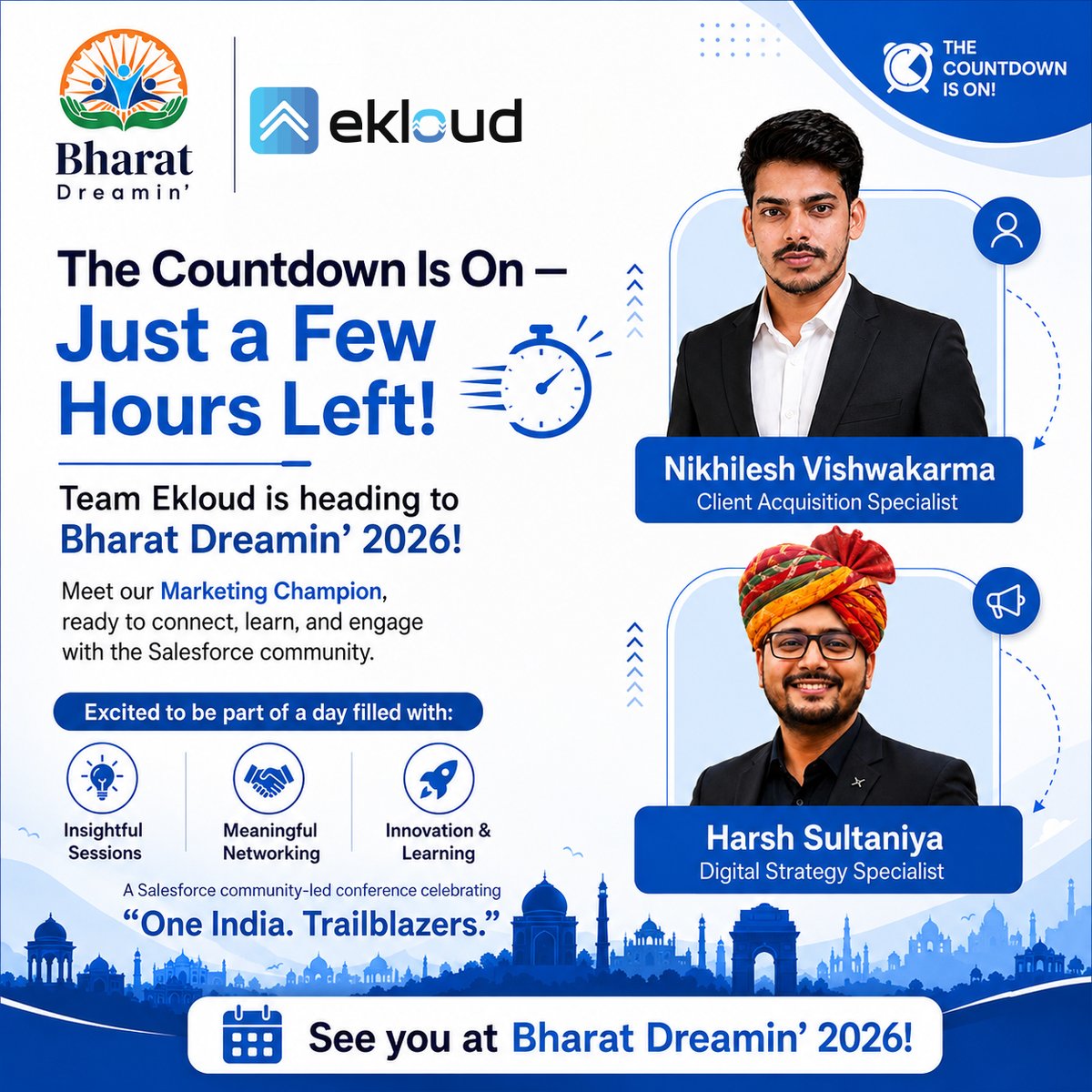 ekloudServices's tweet photo. Just a Few Hours Left!
#TeamEkloud is all set for Bharat Dreamin' 2026! 🇮🇳
Looking forward to a day of  #learning,  #networking, and 🚀 #innovation at the #Salesforce community-led conference celebrating "One India. Trailblazers. 
See you there! 
#BharatDreamin2026 #Trailblazers https://t.co/X9BT5fqvx0