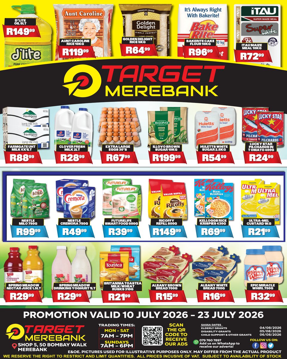 targetmerebank's tweet photo. Fill your trolley for less! 🛒✨
The latest Target Merebank specials have officially landed, bringing you massive discounts ✅💥
🗓️10 - 23 July 2026
📍50 Bombay Walk, Merebank
📲 079 760 7897
#TargetMerebank #WeeklySpecials #BudgetFriendly #DurbanShopping #SaveBig https://t.co/7XlnJTH4Dg