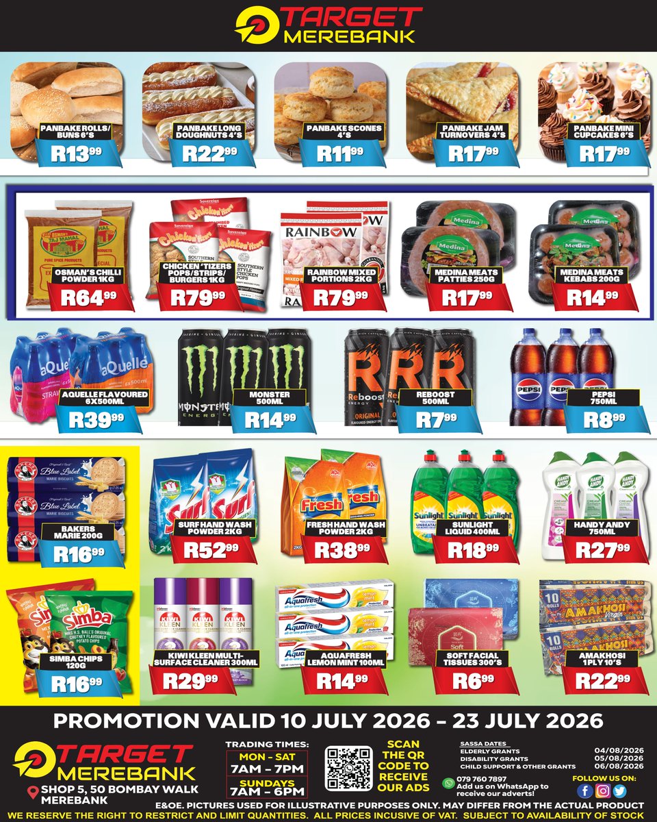 targetmerebank's tweet photo. Fill your trolley for less! 🛒✨
The latest Target Merebank specials have officially landed, bringing you massive discounts ✅💥
🗓️10 - 23 July 2026
📍50 Bombay Walk, Merebank
📲 079 760 7897
#TargetMerebank #WeeklySpecials #BudgetFriendly #DurbanShopping #SaveBig https://t.co/7XlnJTH4Dg