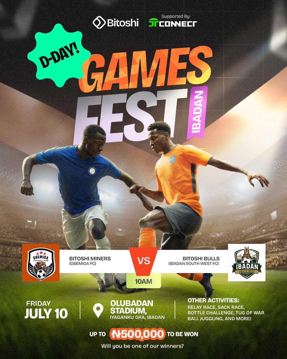 Bitoshiafrica's tweet photo. TODAY!!! We’ve set the field. The prizes are ready. The games are waiting. Now all that’s missing is YOU.
Whether you’re the fastest, the strongest, the funniest, or simply the loudest supporter, there’s something waiting for you.
Round up your squad, wear your competitive spirit and come create fun memories.
📍Olubadan stadium, Iyaganku GRA
⏰ 10am
Play hard. Win bigger.