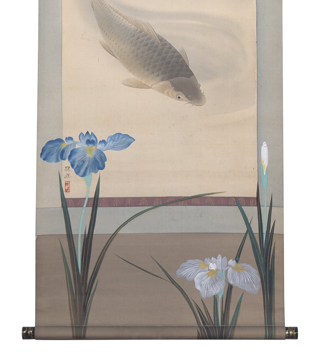 HosomiMuseum's tweet photo. ◤スタッフのおすすめポイント◢
2匹の鯉が悠々と泳ぐ姿が描かれた《鯉に燕子花図》はとても涼やかで、夏の暑さを忘れさせてくれそうです。

本紙を飛び出し、鮮やかな絵の具で表具部分に描かれた燕子花や松。酒井抱祝の大胆なアプローチが見どころの一作です！ https://t.co/Cs5q43XNQl