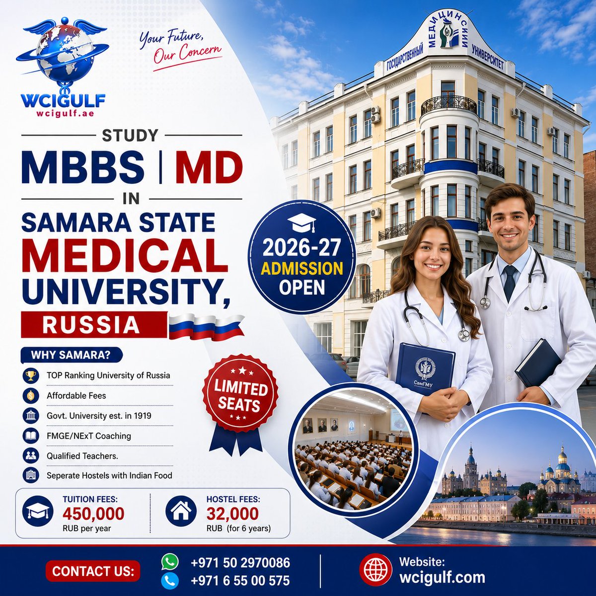 wcigulf's tweet photo. Study MBBS in Samara State Medical University Russia
2026-27 Admission Open

Tuition Fees: 450,000 RUB per year
Hostel Fees: 32,000 RUB (for 6 years)

📞 Contact us for admission.
☎️ +971 6 55 00 575📱+971 50 2970086 
🌐 https://t.co/EAL862NAbK

#Russia #medicine #mbbs https://t.co/f9zZFGZmoh