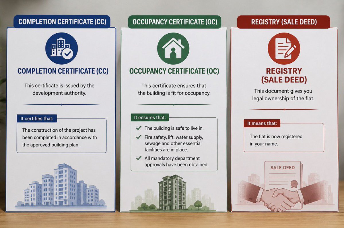 nefowaoffice's tweet photo. Flat खरीद लिया… लेकिन क्या आपको CC, OC और Registry का फर्क पता है?

हजारों होमबायर्स सिर्फ इसलिए परेशान होते हैं क्योंकि उन्हें इन तीन शब्दों का सही मतलब नहीं पता होता।

बहुत से लोग सोचते हैं कि Registry हो गई, मतलब सब कुछ ठीक है। लेकिन ऐसा हमेशा नहीं होता।

1️⃣ Completion Certificate (CC) – “Project बन गई”

CC विकास प्राधिकरण (Authority) जारी करता है।

इसका मतलब है कि बिल्डर ने स्वीकृत नक्शे (Approved Building Plan) के अनुसार निर्माण पूरा कर लिया है।

2️⃣ Occupancy Certificate (OC) – “अब रहने के लिए सुरक्षित”

OC यह प्रमाणित करता है कि:

✔️ Building रहने योग्य है।
✔️ Fire Safety, Lift, Water, Sewage जैसी जरूरी व्यवस्थाएं पूरी हैं।
✔️ संबंधित विभागों की आवश्यक मंजूरियां मिल चुकी हैं।

OC मिलने के बाद ही सामान्यतः बिल्डिंग में कानूनी रूप से पजेशन दिया जाना चाहिए।

3️⃣ Registry (Sale Deed) – “अब फ्लैट आपके नाम”

Registry सिर्फ Ownership देती है।

इसका मतलब है कि फ्लैट आपके नाम दर्ज हो गया।

तीनों अलग-अलग कानूनी प्रक्रियाएं हैं।

Ready To Move Flat खरीदने से पहले Builder से ये 6 सवाल जरूर पूछिए:

✅ क्या Project का Completion Certificate (CC) मिल चुका है?

✅ क्या Occupancy Certificate (OC) जारी हो गया है?

✅ Registry कब होगी?

✅ RERA में Possession Date क्या है?

✅ Fire NOC है या नहीं?

✅ Project पर कोई Court Case या Litigation तो नहीं?

याद रखिए…

Registry आपको मालिक बनाती है।
CC बताता है कि Project बन चुकी है।
OC बताता है कि Building में रहना सुरक्षित और नियमानुसार है।