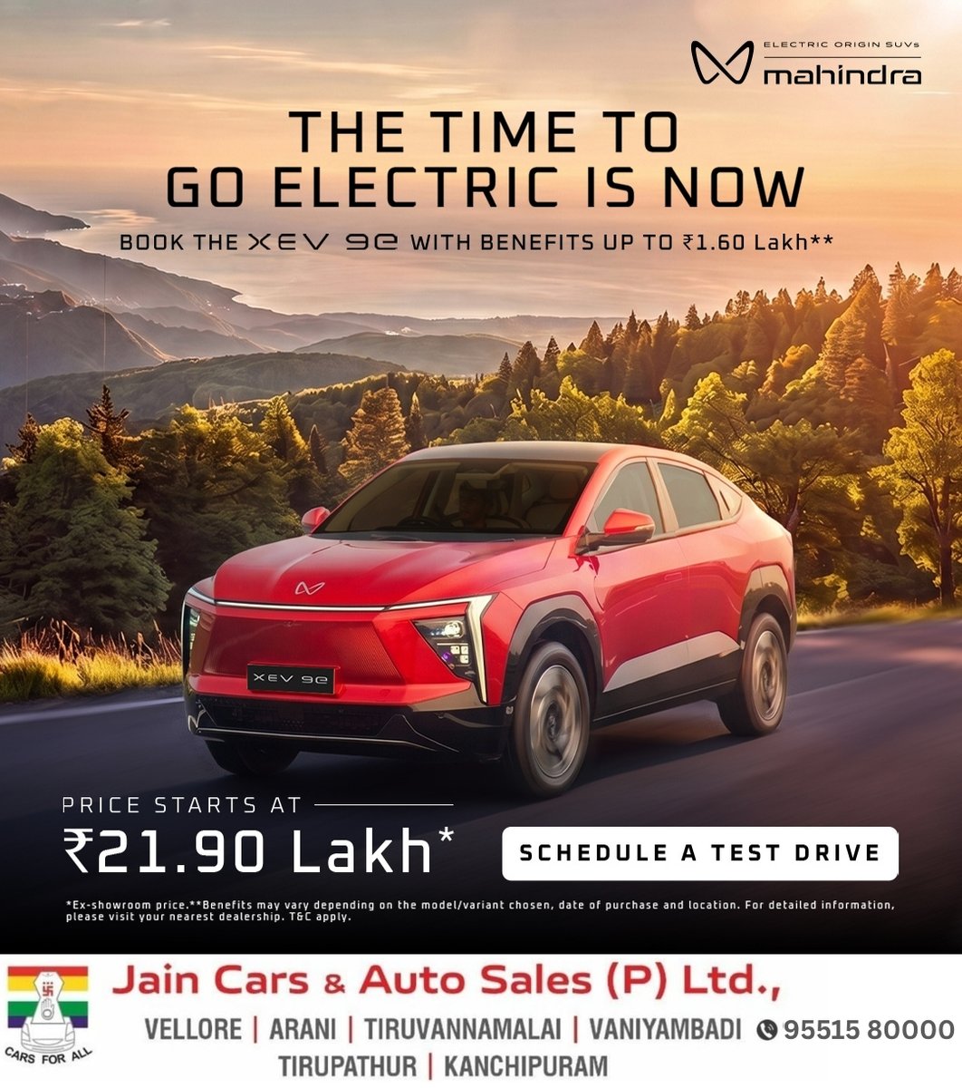 JainsMahindra's tweet photo. β‘ The Time to Go Electric is NOW.
Experience the all-new Mahindra XEV 9e with exclusive benefits up to βΉ1.60 Lakh**.
π° Starts at βΉ21.90 Lakh*
π Book your test drive today!
π 95515 80000
#MahindraXEV9e #Mahindra #GoElectric #ElectricSUV #EVIndia #DriveTheFuture #TestDrive https://t.co/cRT5zaMWBu