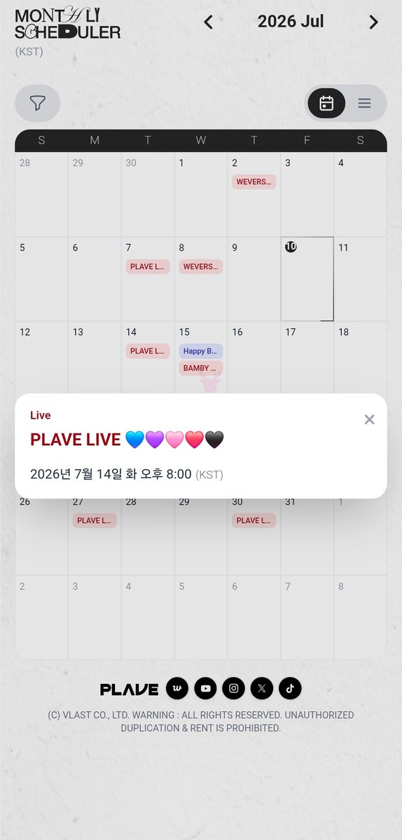 love_is_cherry's tweet photo. *

📁   2026년 07월  셋째 주 스케줄  . zip

▫️ 07/14 (화)  8PM   💙💜🩷❤️🖤
▫️ 07/15 (수)  8PM   🩷  ( 🎂 B-DAY )

ㅡ
🔗https://t.co/xRvPTdD1tA

#플레이브 https://t.co/Y69QuKTAiC