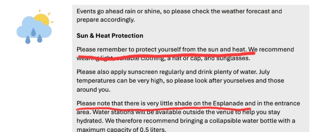 Shirayasworld's tweet photo. "Protect yourself from the sun and heat, there's no shade"
But also "Umbrellas are prohibited", so I can't bring the sun umbrella with which I could've protected myself from the sun...ok.
#btsmunich #BTS_Munich https://t.co/5AKROPhmaH