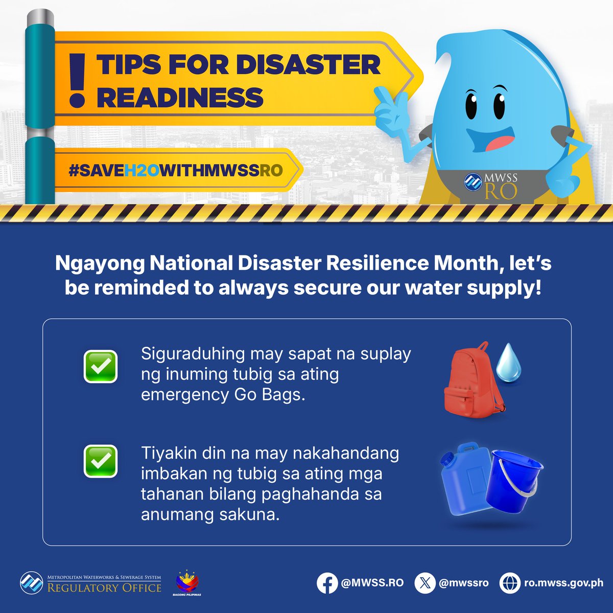 mwssro's tweet photo. Ngayong National Disaster Resilience Month, tandaan na #BawatSegundoMahalaga sa paghahanda sa krisis at sakuna.

Kasabay nito, alalahanin din natin na bawat patak ng tubig ay mahalaga para maging disaster-resilient. https://t.co/V8wS55ihOe
