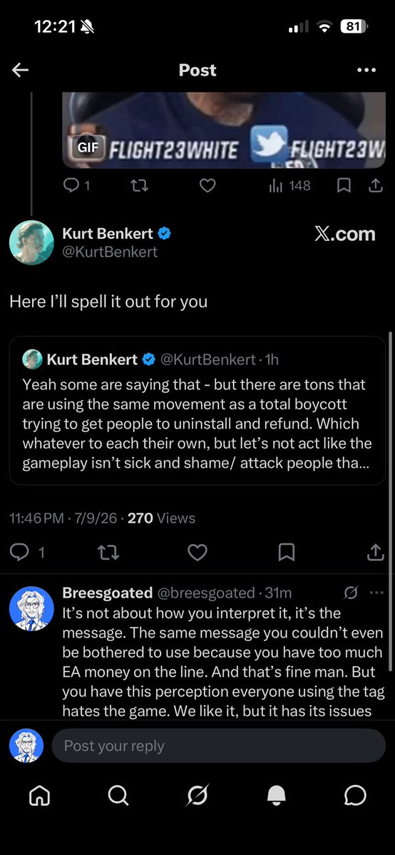 breesgoated's tweet photo. @KurtBenkert Is it too difficult to use a hashtag? You spent an entire nfl career facing the blitz but can’t handle the ones online? Especially in situations where you are wrong? Are we deadass dawg? EA money gotta be nice but you can’t use the hashtag? #CFBPlayDontPay 
Lame. 😒 https://t.co/NQygsgzlBq