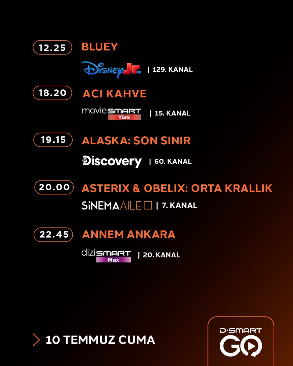 DSmartDunyasi's tweet photo. 10 Temmuz Cuma #DSmart yayın akışı🧡 https://t.co/FNf8pN1u77