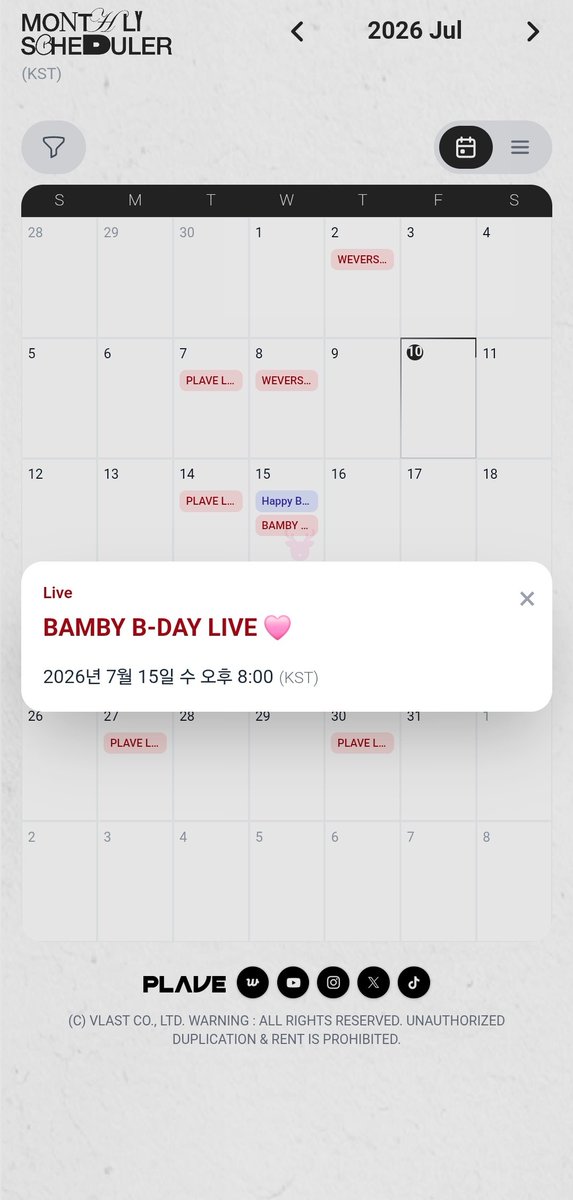 love_is_cherry's tweet photo. *

📁   2026년 07월  셋째 주 스케줄  . zip

▫️ 07/14 (화)  8PM   💙💜🩷❤️🖤
▫️ 07/15 (수)  8PM   🩷  ( 🎂 B-DAY )

ㅡ
🔗https://t.co/xRvPTdD1tA

#플레이브 https://t.co/Y69QuKTAiC