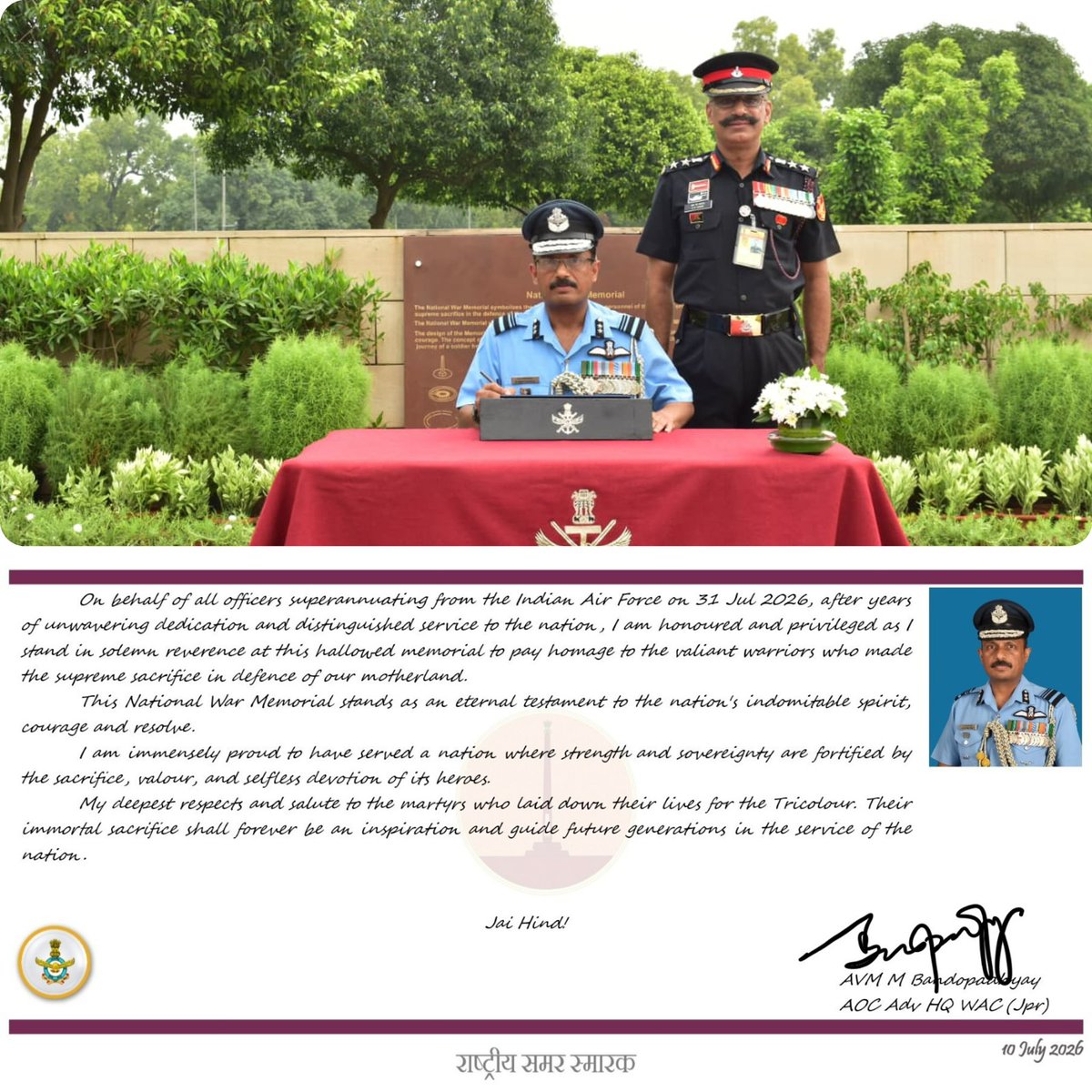 salute2soldier's tweet photo. On behalf of IAF officers retiring after years of devoted service to the Nation, AVM M Bandopadhyay, AOC Adv HQ WAC, laid a wreath &amp; paid homage at #NationalWarMemorial, saluting the eternal courage of #Bravehearts of #IndianArmedForces. https://t.co/93OX4bTh8B