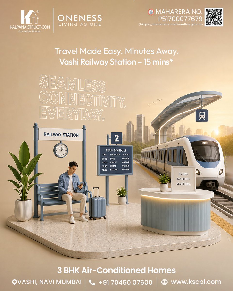 KalpanaCon's tweet photo. Your commute starts closer to home. 🚆
Live in 3 BHK air-conditioned homes at Oneness, Vashi, with the railway station just 15 minutes* away.
📞 +91 70450 07600
🌐 https://t.co/oIVq1IDKAe
#Oneness #Vashi #NaviMumbai #3BHK #KalpanaStructCon https://t.co/LXtwEeHTuK