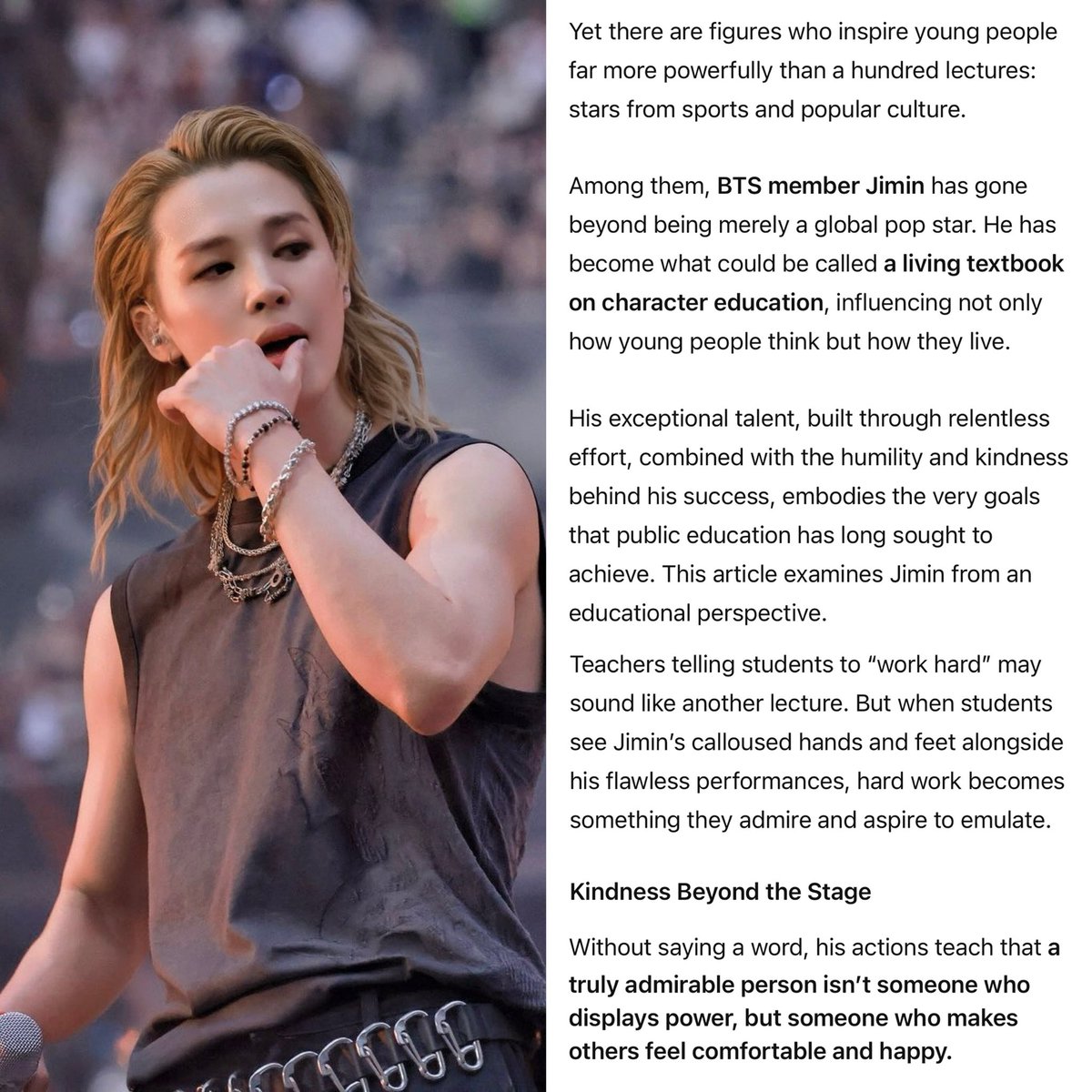 cocojm_0t7's tweet photo. THIS IS MY FAVORITE ARTICLE 😭

“𝐒𝐭𝐮𝐝𝐞𝐧𝐭𝐬 𝐦𝐚𝐲 𝐧𝐨𝐭 𝐥𝐢𝐬𝐭𝐞𝐧 𝐭𝐨 𝐭𝐡𝐞𝐢𝐫 𝐭𝐞𝐚𝐜𝐡𝐞𝐫𝐬, 𝐛𝐮𝐭 𝐢𝐟 ‘𝐎𝐩𝐩𝐚 𝐉𝐢𝐦𝐢𝐧’ 𝐬𝐚𝐲𝐬 𝐣𝐮𝐬𝐭 𝐨𝐧𝐞 𝐰𝐨𝐫𝐝, 𝐭𝐡𝐞𝐲’𝐝 𝐩𝐫𝐨𝐛𝐚𝐛𝐥𝐲 𝐠𝐨 𝐬𝐚𝐯𝐞 𝐭𝐡𝐞 𝐮𝐧𝐢𝐯𝐞𝐫𝐬𝐞.” 

Education columnist and former Incheon Sangoknam Middle School principal Jeon Jae-hak published an opinion column discussing Jimin’s positive influence on young people. 

The article describes him as a “living textbook of character education” and highlights his perseverance, empathy, humility, and continued charitable work as qualities that inspire students beyond the classroom. 

🔗: https://t.co/cQZJs61TDF.