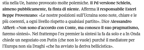 Phastidio's tweet photo. Dopo la buffonata di Napoli, l'opossum Schlein tace felice. Il famoso negoziato che Putin non vuole o chiede come resa incondizionata di Kyiv.
Pd, partito decomposto

Conte e le parole sull'Ucraina che imbarazzano il Pd: «La Russia non è una minaccia per l’Europa, sì al negoziato» https://t.co/VeSYfzNz8N