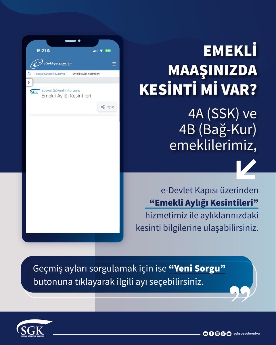 sgksosyalmedya's tweet photo. “Emekli Aylığı Kesintileri” hizmetimiz ile aylığınızdaki kesinti bilgilerine ulaşabilirsiniz.

https://t.co/jLjVBPYOPt
https://t.co/Bk16L1Lnzr https://t.co/1dAW44bvkh