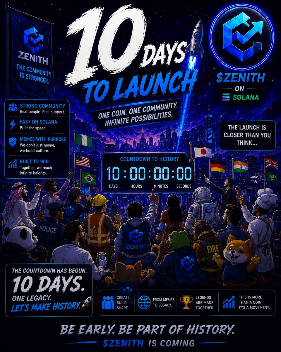 GhostRi18175445's tweet photo. 🚀 10 DAYS TO LAUNCH The countdown is ON!
One coin. One unbreakable community. Infinite possibilities.
$ZENITH is landing on Solana and we’re making history together.
Be early. Be legendary.
#ZENITH #Solana 
@ZENlTH_Crypto @ZENITHSASSY @ZenithAlph https://t.co/uoJRQdcWlG
