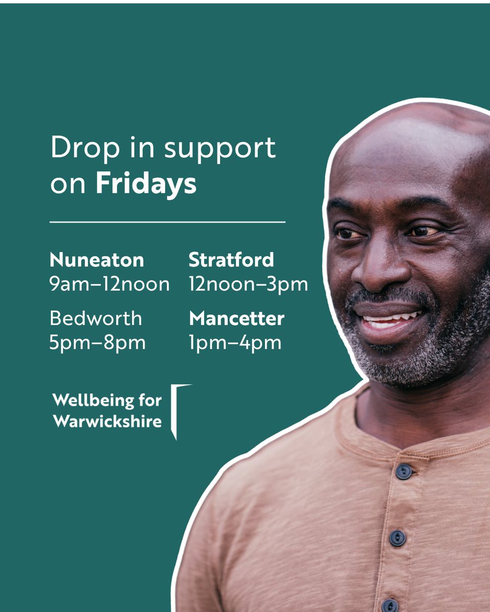 wellbeingwarks's tweet photo. Wellbeing for Warwickshire

Mental health support at our drop-in hubs on Fridays: 

5pm–8pm: Bedworth; 1pm–4pm: Mancetter; 9am–12noon: Nuneaton; 12noon–3pm Stratford

No appointment necessary. Click the link for full address details: https://t.co/x67g3gGehY https://t.co/hZu9No5857