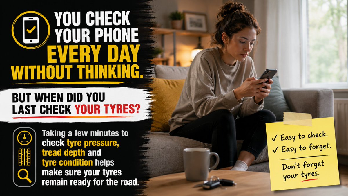 Tyresafe's tweet photo. You check your phone every day without thinking. But when did you last check your tyres? Taking a few minutes to check tyre pressure, tread depth and tyre condition helps make sure your tyres remain ready for the road. https://t.co/9i75ORvGzx