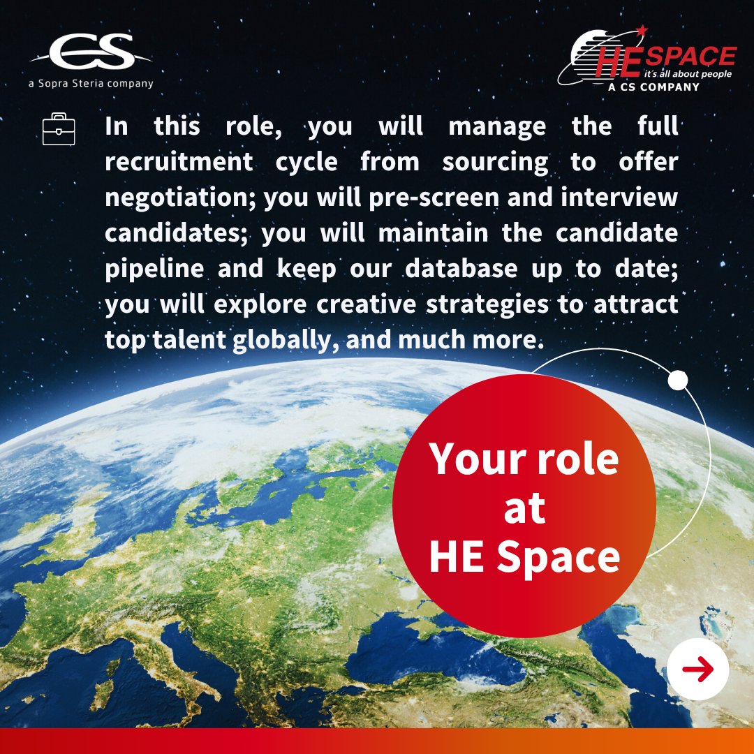HE_Space's tweet photo. We are seeking a 💼 𝐑𝐞𝐜𝐫𝐮𝐢𝐭𝐞𝐫 in📍𝐁𝐫𝐞𝐦𝐞𝐧 𝐨𝐫 𝐃𝐚𝐫𝐦𝐬𝐭𝐚𝐝𝐭, 𝐆𝐞𝐫𝐦𝐚𝐧𝐲 to join our international team at HE Space supporting the growth of cutting‑edge space programmes across Europe.

Apply now via: https://t.co/9CucIeEsrO

#HESpace #CSGROUP https://t.co/rmiRtn5T0Q