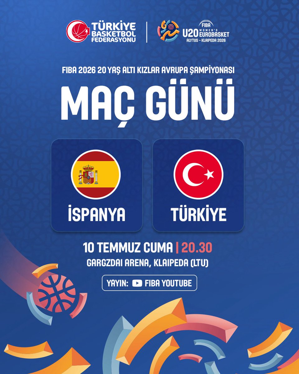 tbfaltyapilar's tweet photo. 20 yaş Altı Ümit Kız Milli Takımımız, FIBA 2026 20 Yaş Altı Kızlar Avrupa Şampiyonası çeyrek final turunda parkeye çıkıyor! 🇹🇷

İspanya 🆚 Türkiye 
📅 10 Temmuz, Cuma, 20.30
📍Gargzdai Arena, Litvanya 
📺 FIBA YouTube https://t.co/t2OKaLmFZO