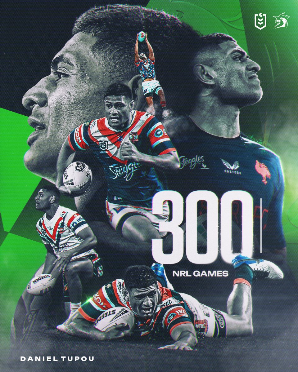 NRL's tweet photo. The 300 Club 🤝
Congratulations to Daniel Tupou who runs out for his 300th NRL game tonight. https://t.co/AxBwtZvbyI