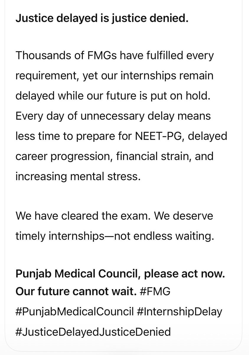 nondom_doc's tweet photo. Justice delayed is justice denied.@CMOPbIndia 

 We #FMGs have fulfilled every requirement, yet our internships remain delayed while our future is put on hold. Every day of unnecessary delay means less time to prepare for NEET-PG delayed career progression!! #delayedinternship https://t.co/wodyJPLPnB