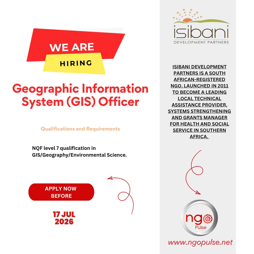 sangonet's tweet photo. EMPLOYMENT ALERT🚨

POSITION: Geographic Information System (GIS) Officer

COMPANY: Isibani Development Partners

LOCATION: South Africa

APPLICATION LINK: https://t.co/QaeOEjJcZj

APPLY BEFORE: 17 Jul 2026
#opportunity #employment https://t.co/f7XIiC9yRD