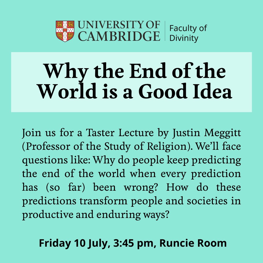CamDivinity's tweet photo. For those coming to the Open Days:

We have a course presentation and taster lecture at the start and end of the day. The morning lecture is "What Belongs in A Bible?" with Nathan MacDonald and the afternoon is "Why the End of the World is a Good Thing" with Justin Meggitt. https://t.co/kVIGOIpv3X