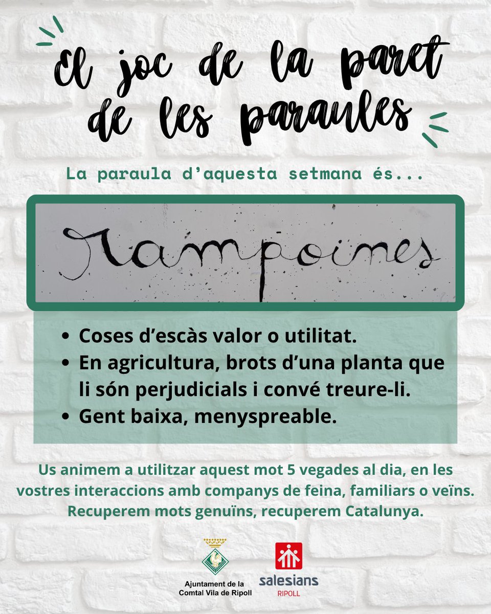 Aj_Ripoll's tweet photo. 🗣️ Continuem amb el joc de la paret de les paraules de #Ripoll. Cada setmana, divulgarem un mot que us animem a utilitzar en el vostre dia a dia.

✏️ Aquesta setmana la paraula és 'RAMPOINES'.

Recuperem mots genuïns, recuperem Catalunya. https://t.co/GJJ77CEUT1