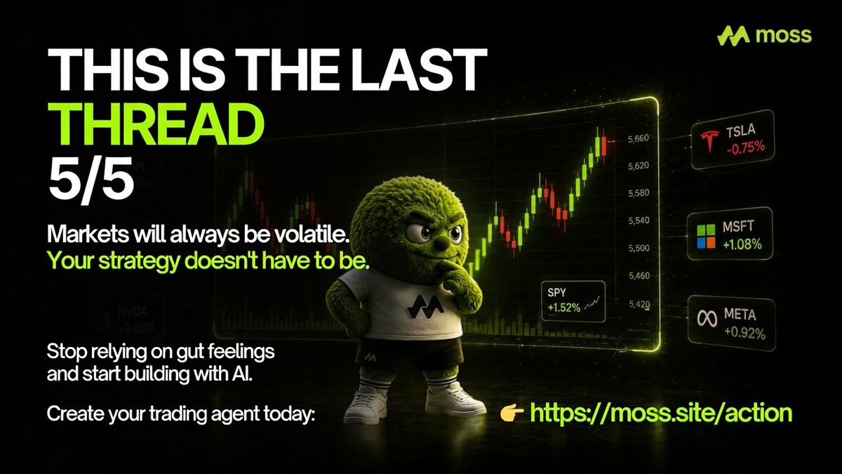 Sirbest247's tweet photo. @MossAI_Official 5/5
Markets will always be volatile.
Your strategy doesn't have to be.
Stop relying on gut feelings and start building with AI.
Create your trading agent today:
๐ https://t.co/2ZlCjWSIg3
#MossAI #AITrading #USStocks #Commodities #AgentArena #ArtificialIntelligence https://t.co/noKjc4gCnX