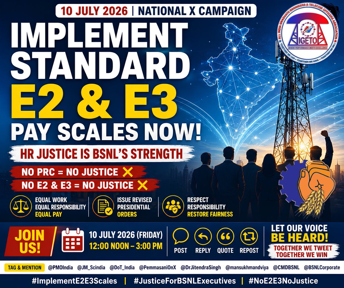 aigetoahpbsnl's tweet photo. 🎯 Our Demands  📷 Implement Standard E2 for JTO/JAO  📷 Issue Revised Presidential Orders  📷 End Pay Disparity in BSNL #ImplementE2E3Scales ✔️ https://t.co/8Zbfas9Xq0