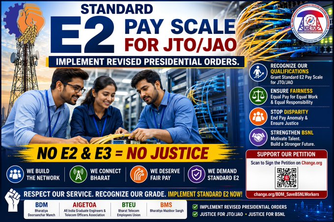 aigetoahpbsnl's tweet photo. 🎯 Our Demands  📷 Implement Standard E2 for JTO/JAO  📷 Issue Revised Presidential Orders  📷 End Pay Disparity in BSNL #ImplementE2E3Scales ✔️ https://t.co/wa0yULuHqc
